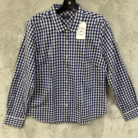 Untuckit Dress Shirt Women’s 12 L Gingham Plaid Button Up Blue 100% Cotton New‎ - Picture 1 of 5